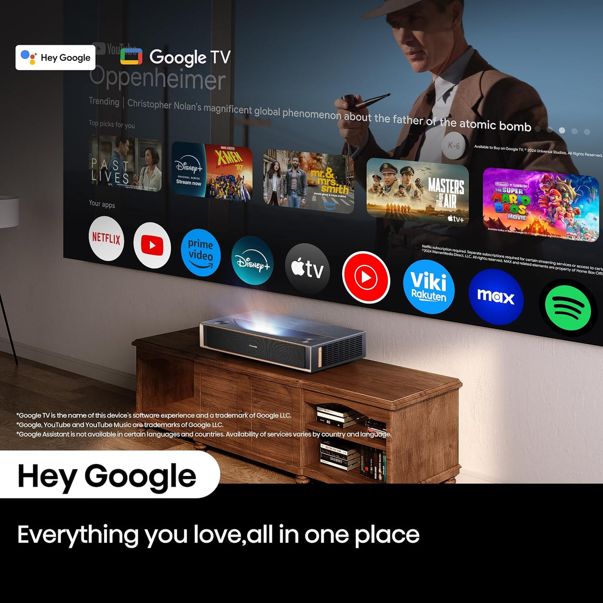 Hisense PT1 Ultra Short Throw Triple Laser Projector, 4K UHD, Google TV, 80'' - 150'', 2500 Lumens, 3000:1 Contrast, IMAX Enhanced, Dolby Vision & Atmos, 3D, 240 High Refresh Rate