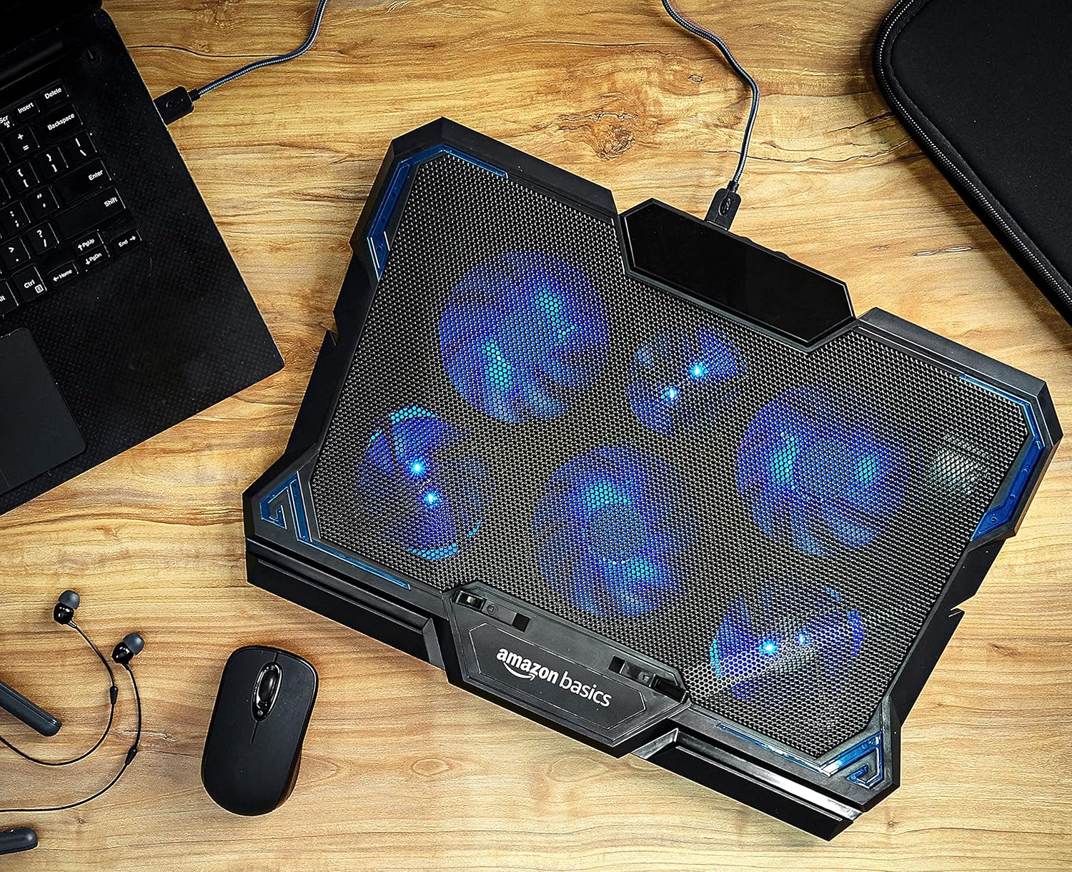 Amazon Basics Laptop Cooling Pad with LED Lighting Effect | USB Powered Gaming Laptop Cooler Stand | Quiet 6 Fans with 2-Level Height Adjustment| Slim Chill Mat for 10 to 17-Inch Laptops(AB-CP1_BLACK)