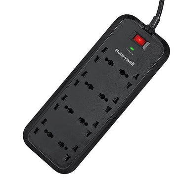 Honeywell Surge Protector, 8 Universal Sockets, 2 Meter Cord, 20000Amp, Device Secure Warranty,Automatic Overload Protection,Spike Guard/Extension board,Master Switch ( Black )