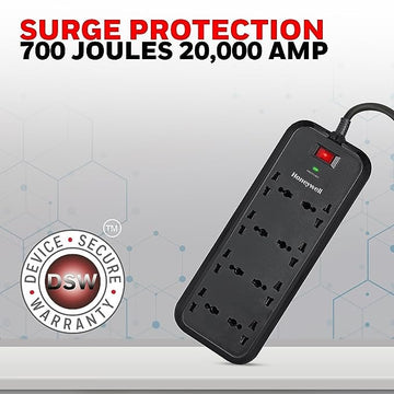 Honeywell Surge Protector, 8 Universal Sockets, 2 Meter Cord, 20000Amp, Device Secure Warranty,Automatic Overload Protection,Spike Guard/Extension board,Master Switch ( Black )