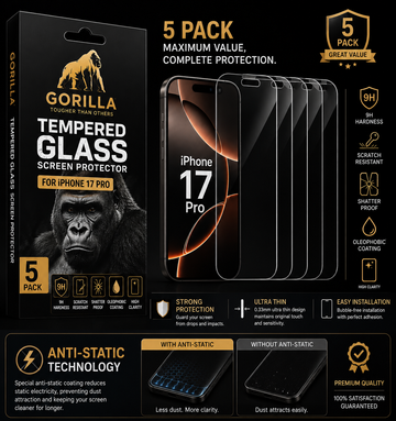 Gorilla Tempered Glass for iPhone 17 Pro (5 Pack) – 9H Anti-Static Screen Protector