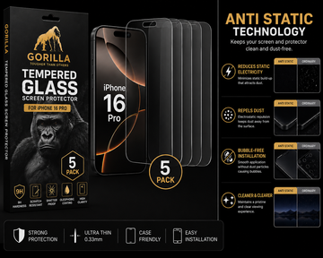 Gorilla Tempered Glass for iPhone 16 Pro(5/10 Pack) – 9H Anti-Static Screen Protector