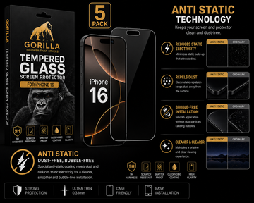 Gorilla iPhone 16 Screen Protector 5 / 10 Pack – 9H Hardness, Anti-Static & Scratch Resistant