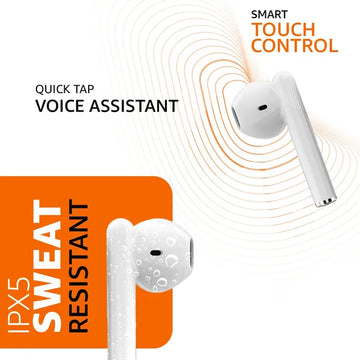 amazon basics True Wireless in-Ear Earbuds with Mic, Touch Control, IPX5 Water-Resistance, BT 5.3, Up to 36 Hrs Play Time, Voice Assistance and Fast Charging (White)