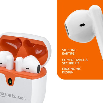 amazon basics True Wireless in-Ear Earbuds with Mic, Touch Control, IPX5 Water-Resistance, BT 5.3, Up to 36 Hrs Play Time, Voice Assistance and Fast Charging (White)