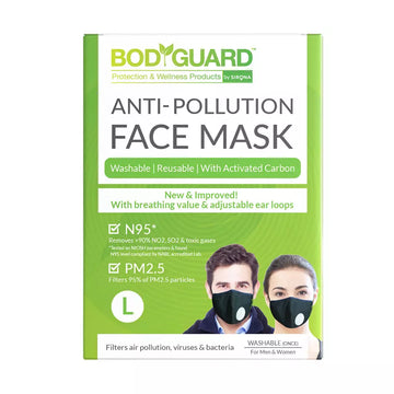 Bodyguard Large N95+Pm2.5 Anti Pollution Face Mask With Valve And Activated Carbon (Pack of 3, Large)
