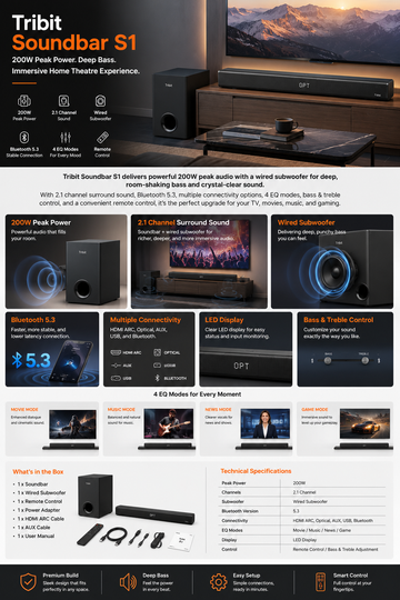 Tribit Soundbar Speaker S1 200W 2.1 Channel Soundbar with Wired Subwoofer, Deep Bass, Bluetooth 5.3, LED Display & Remote Control