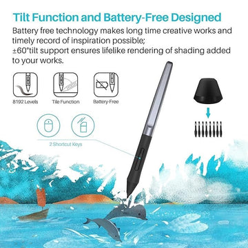 Huion H610 Pro V2 Graphic Drawing Tablet Tilt Function Battery-Free Stylus and 8192 Pen Pressure with 8 Pen Nibs