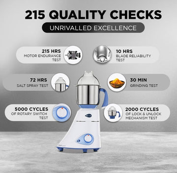 Preethi Blue Leaf Diamond MG-214 750 Watt Mixer Grinder with 3 Jars (Wet Grinding (1.5 litres) + Dry Grinding Jar (0.5 litre) + Chutney Jar (0.4 litre)Stainless steel), Blue/White