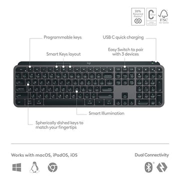 Logitech MX Keys S Wireless Keyboard, Low Profile, Fluid Precise Quiet Typing, Programmable Keys, Backlighting, Bluetooth, USB C Rechargeable, for Windows PC, Linux, Chrome, Mac - Graphite **** sealed****