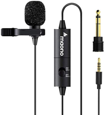MAONO AU-100 Auxiliary Omnidirectional Lavalier Clip On Collar Microphone for Mobile Phone, Camera with 6M Audio Cable, 3.5 MM TRRS Plug and 6.35 MM Adapter (Black)