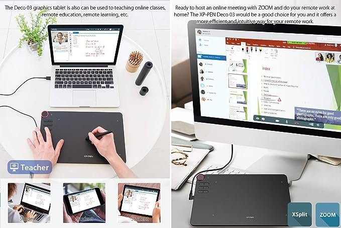XP-PEN Deco03 Award Winning Wireless Graphics Drawing Tablet Pen Tablet, 8192 Levels of Pressure Sensitivity, Battery Free Stylus, 8 Shortcut Keys and 8 Replacement nibs (Black, 10x6 Size)(Sealed Pack)