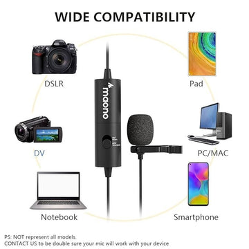 MAONO AU-100 Auxiliary Omnidirectional Lavalier Clip On Collar Microphone for Mobile Phone, Camera with 6M Audio Cable, 3.5 MM TRRS Plug and 6.35 MM Adapter (Black)