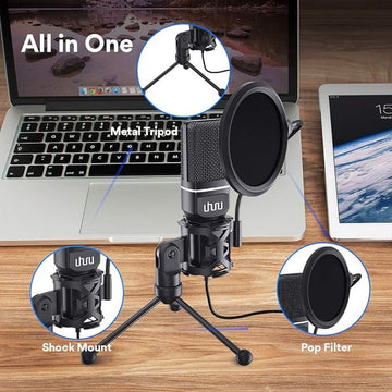 Uhuru UM-SF777 USB Condenser Gaming Microphone, Computer Mic Kit for Recording Podcasting with Tripod Stand and Pop Filter (Black)