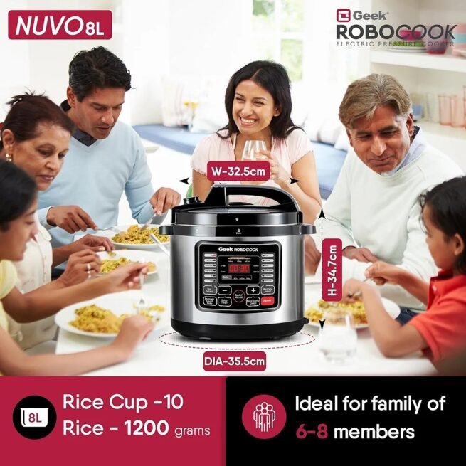 Geek Robocook Nuvo 8 Litre Electric Pressure Cooker One Touch Instant Cooking 11 in 1 Function 17 Indian Preset Menu Automatic Rice Cooker Slow