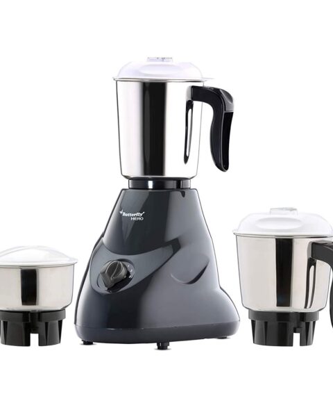 Butterfly Hero 500 Watts Mixer Grinder with 3 Jars | Stainless Steel Multipurpose Jars | ABS Body | Motor Overload Protection | Grey