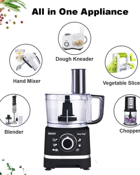 INALSA Food Processor for Kitchen with 800 W Copper Motor|1.4 L Main Bowl Capacity |2 Speed Setting with Pulse Function|7 Accessories| chopping| kneading| shredding|Child Lock Safety (Black)-Easy Prep